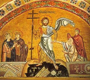 An 11th century icon of the Resurrection in the Hosios Loukas monastery, Greece.